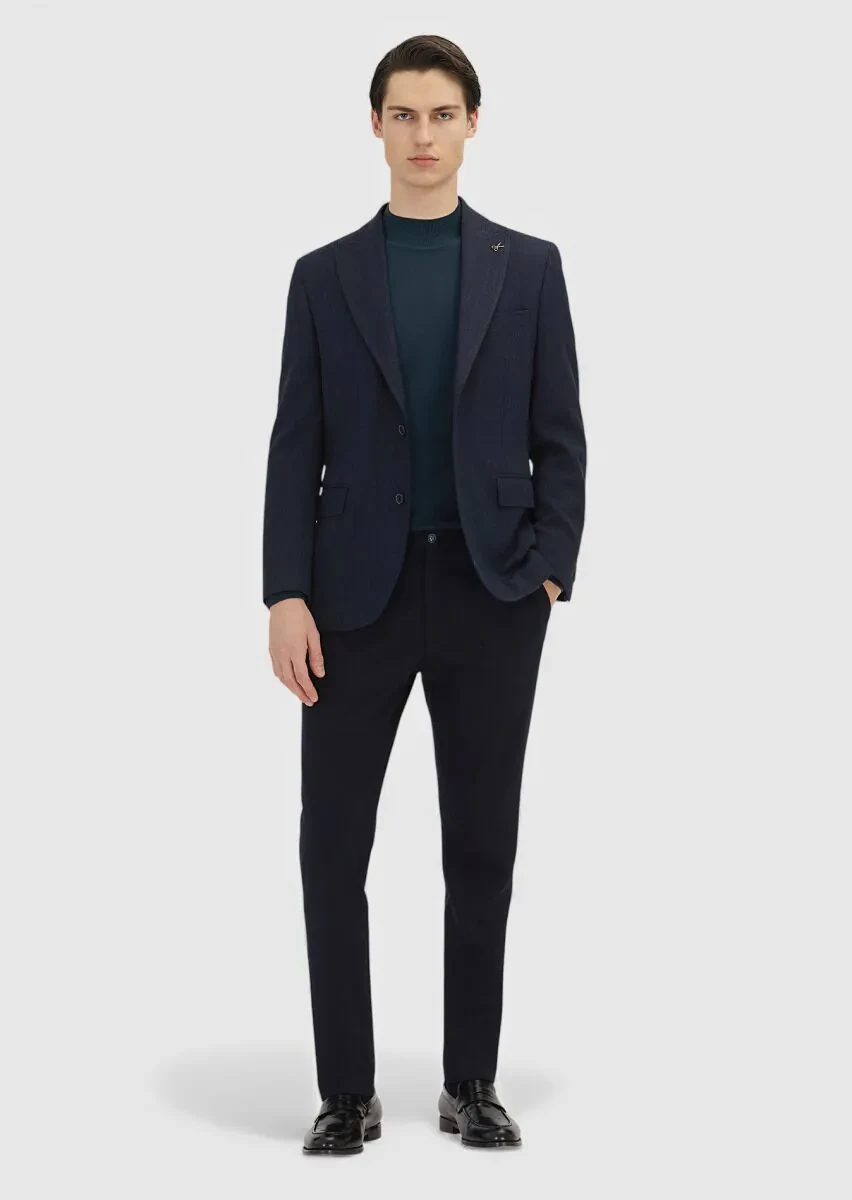 Light Navy Blue Patterned Zeroweight Slim Fit Wool Blended Jacket - 2