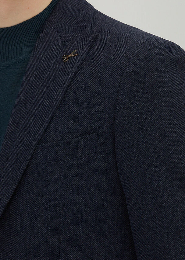 Light Navy Blue Patterned Zeroweight Slim Fit Wool Blended Jacket - 3