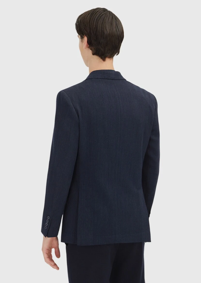 Light Navy Blue Patterned Zeroweight Slim Fit Wool Blended Jacket - 5
