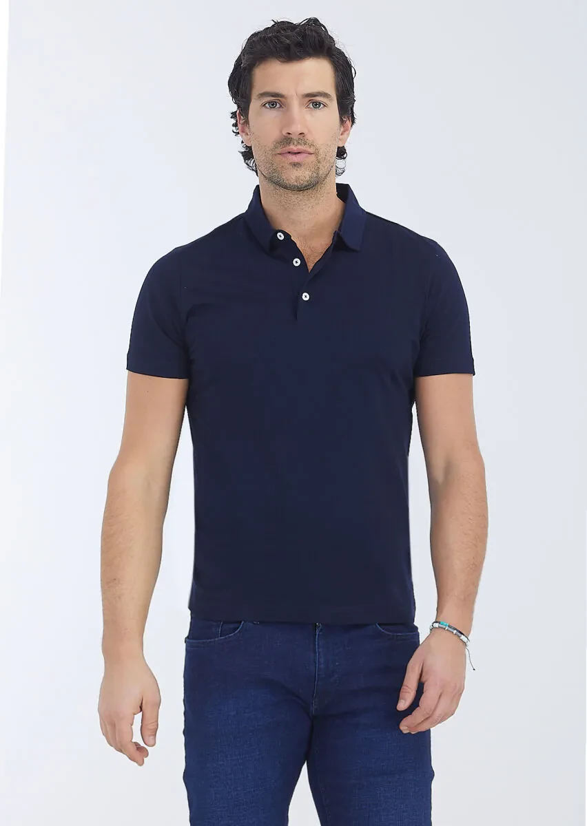 Light Navy Blue Polo Neck 100% Cotton T-Shirt - 2