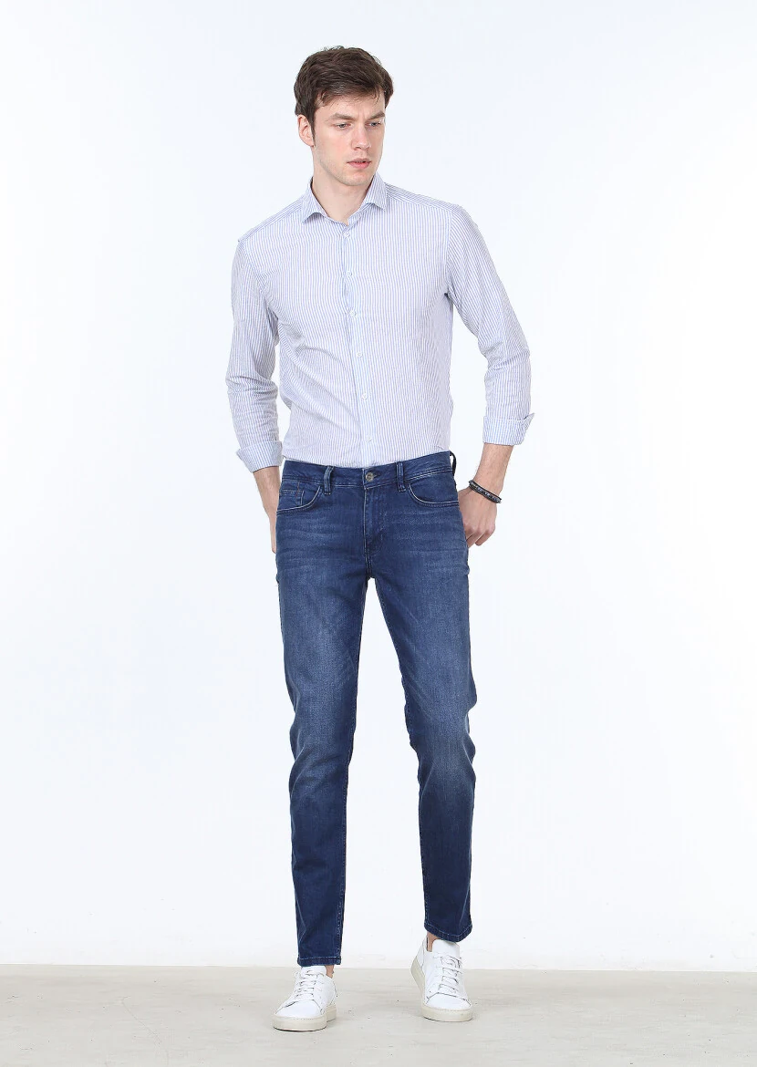Light Navy Blue Slim Fit Denim Cotton Blended Trousers - 1