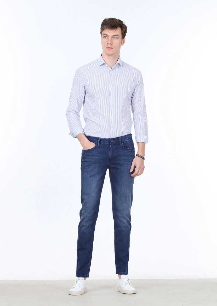Light Navy Blue Slim Fit Denim Cotton Blended Trousers - 2