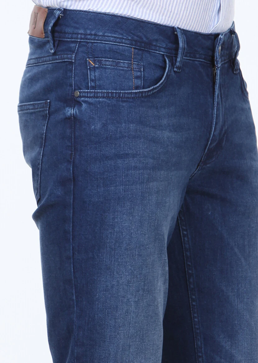 Light Navy Blue Slim Fit Denim Cotton Blended Trousers - 3