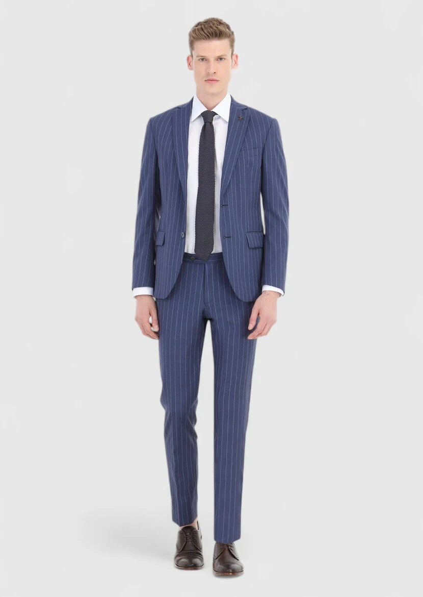 Light Navy Blue Striped Zeroweight Slim Fit 100% Wool Suit - 1