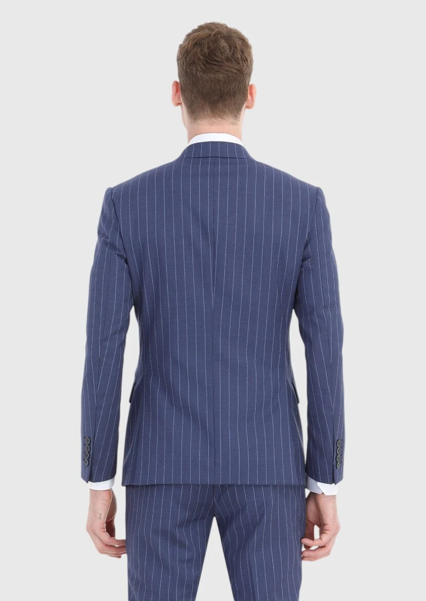 Light Navy Blue Striped Zeroweight Slim Fit 100% Wool Suit - 5