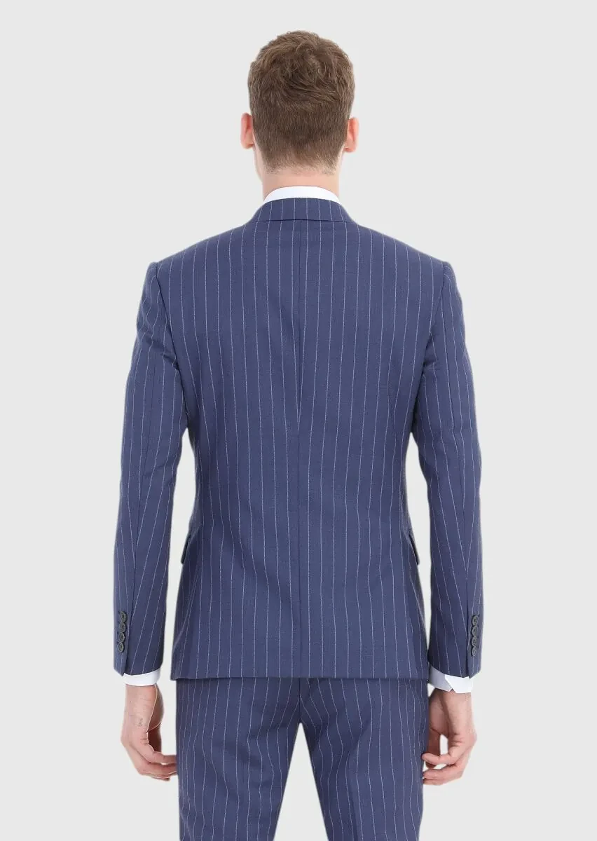 Light Navy Blue Striped Zeroweight Slim Fit 100% Wool Suit - 5