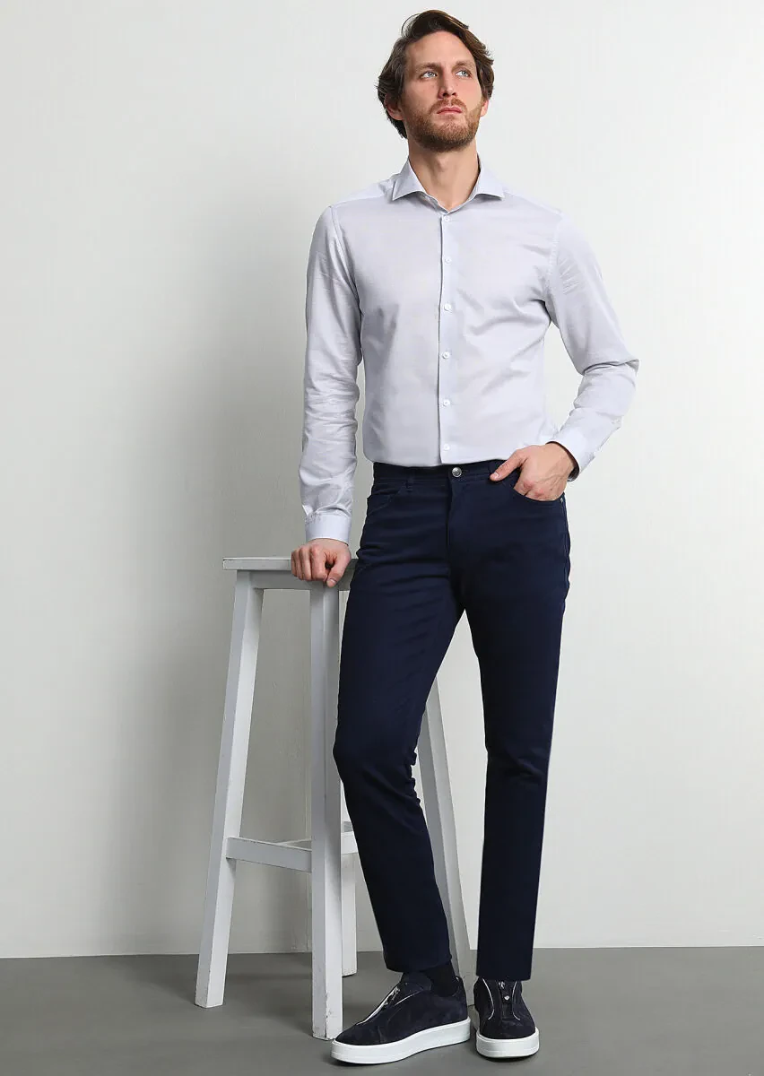 Light Navy Blue Weaving Slim Fit Casual Cotton Blended Trousers - 1