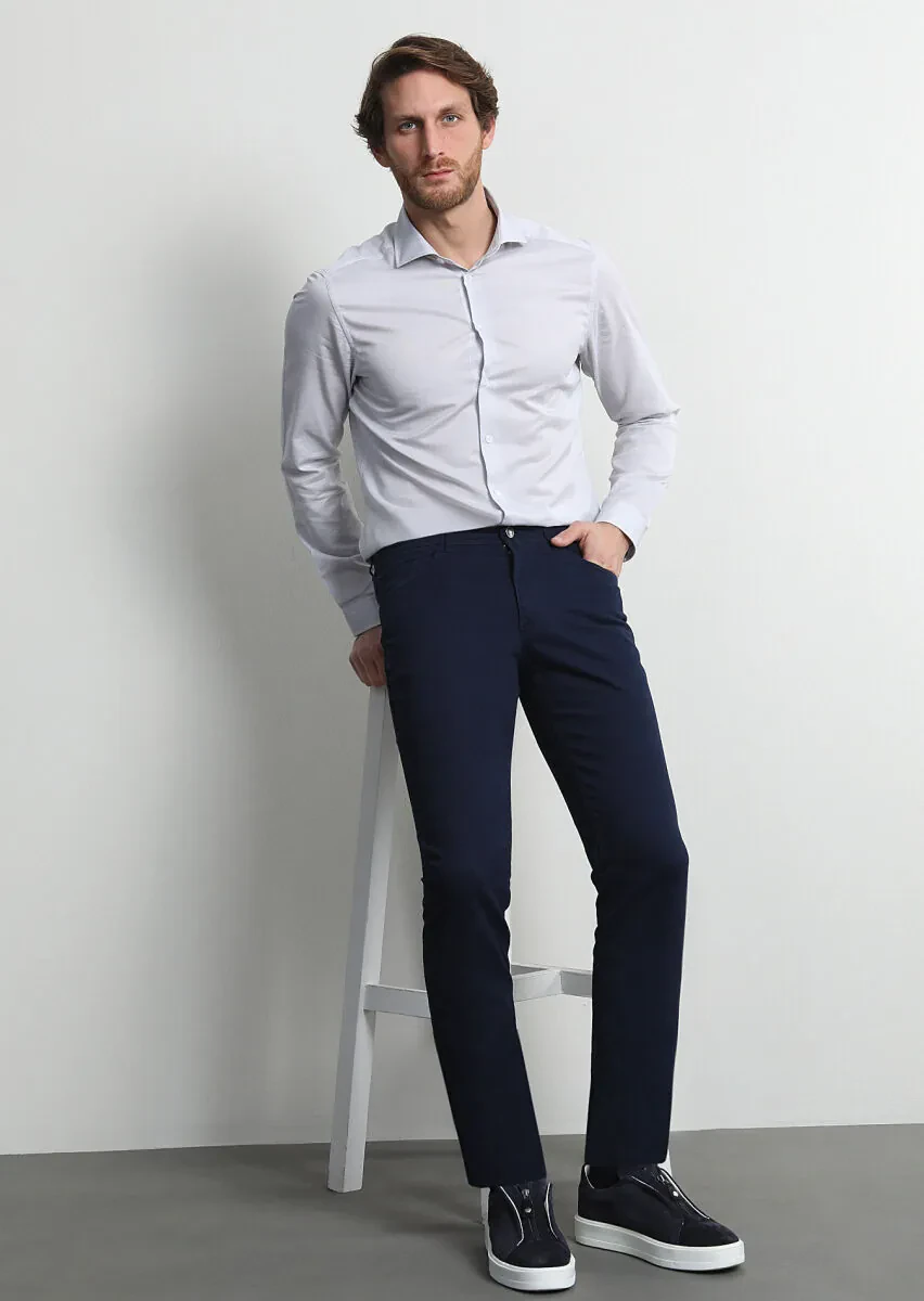 Light Navy Blue Weaving Slim Fit Casual Cotton Blended Trousers - 3