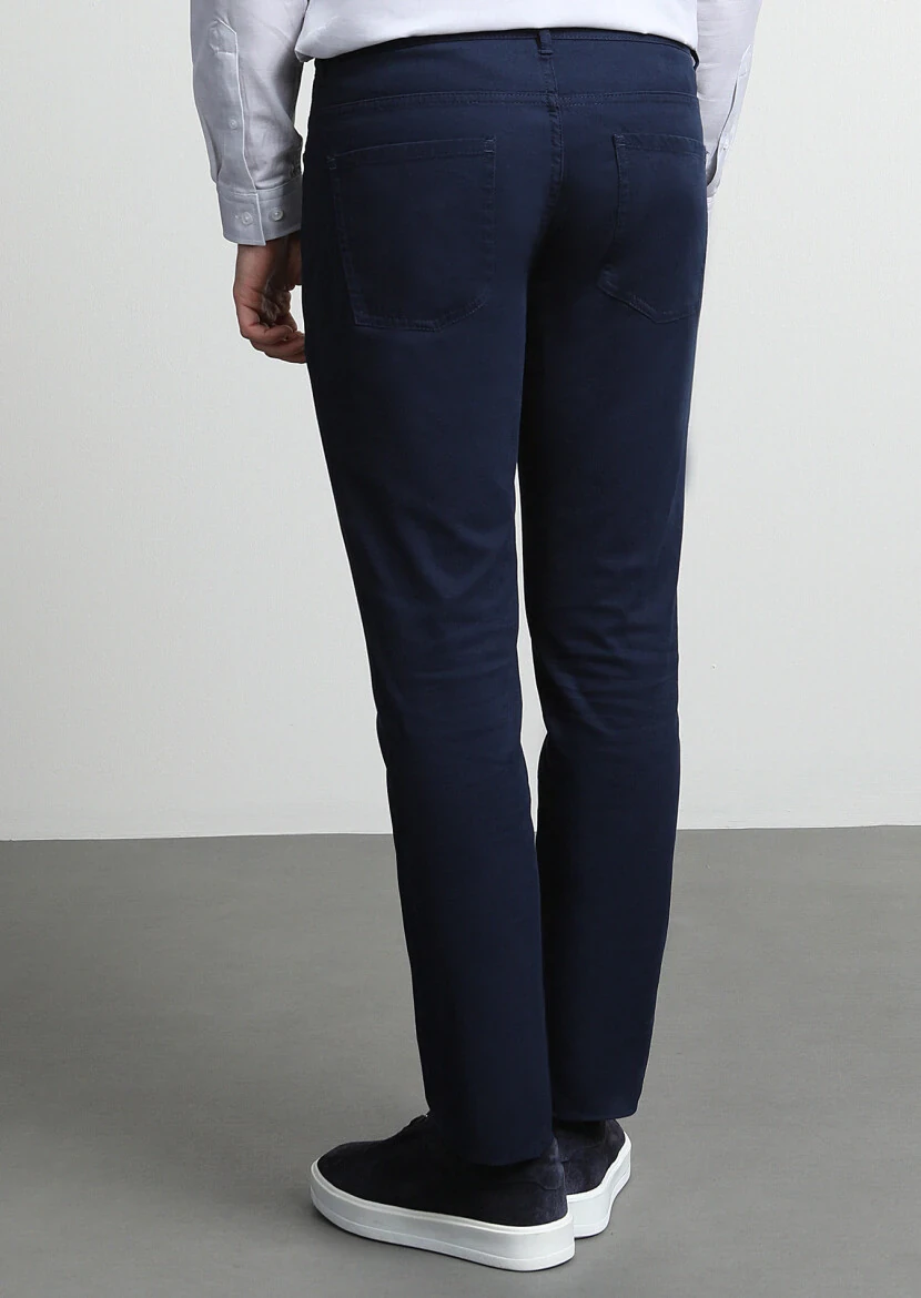 Light Navy Blue Weaving Slim Fit Casual Cotton Blended Trousers - 4