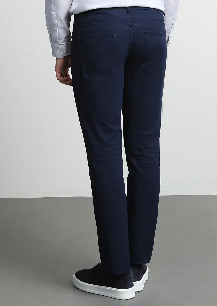 Light Navy Blue Weaving Slim Fit Casual Cotton Blended Trousers - 4