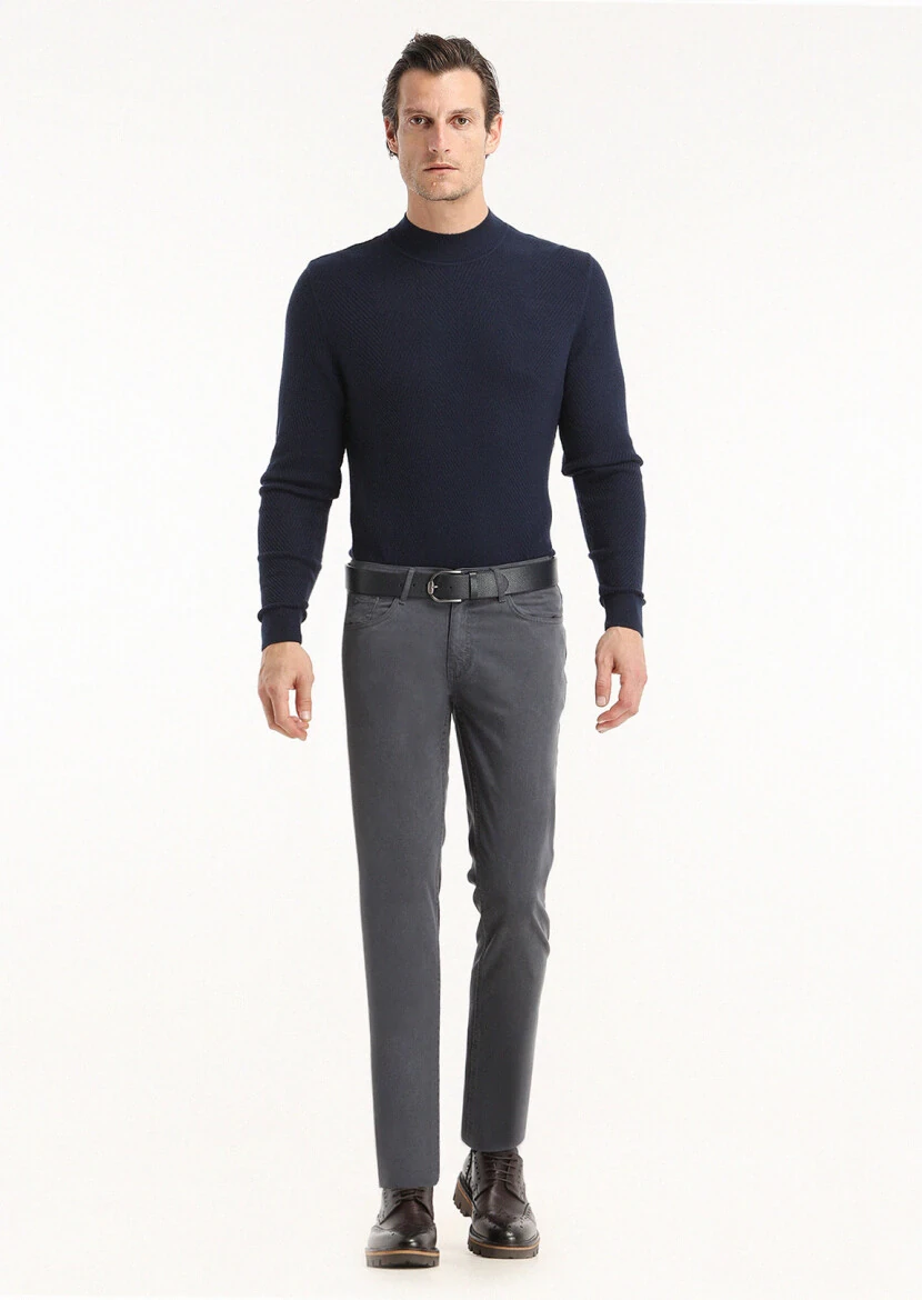 Light Navy Blue Weaving Slim Fit Casual Cotton Blended Trousers - 1