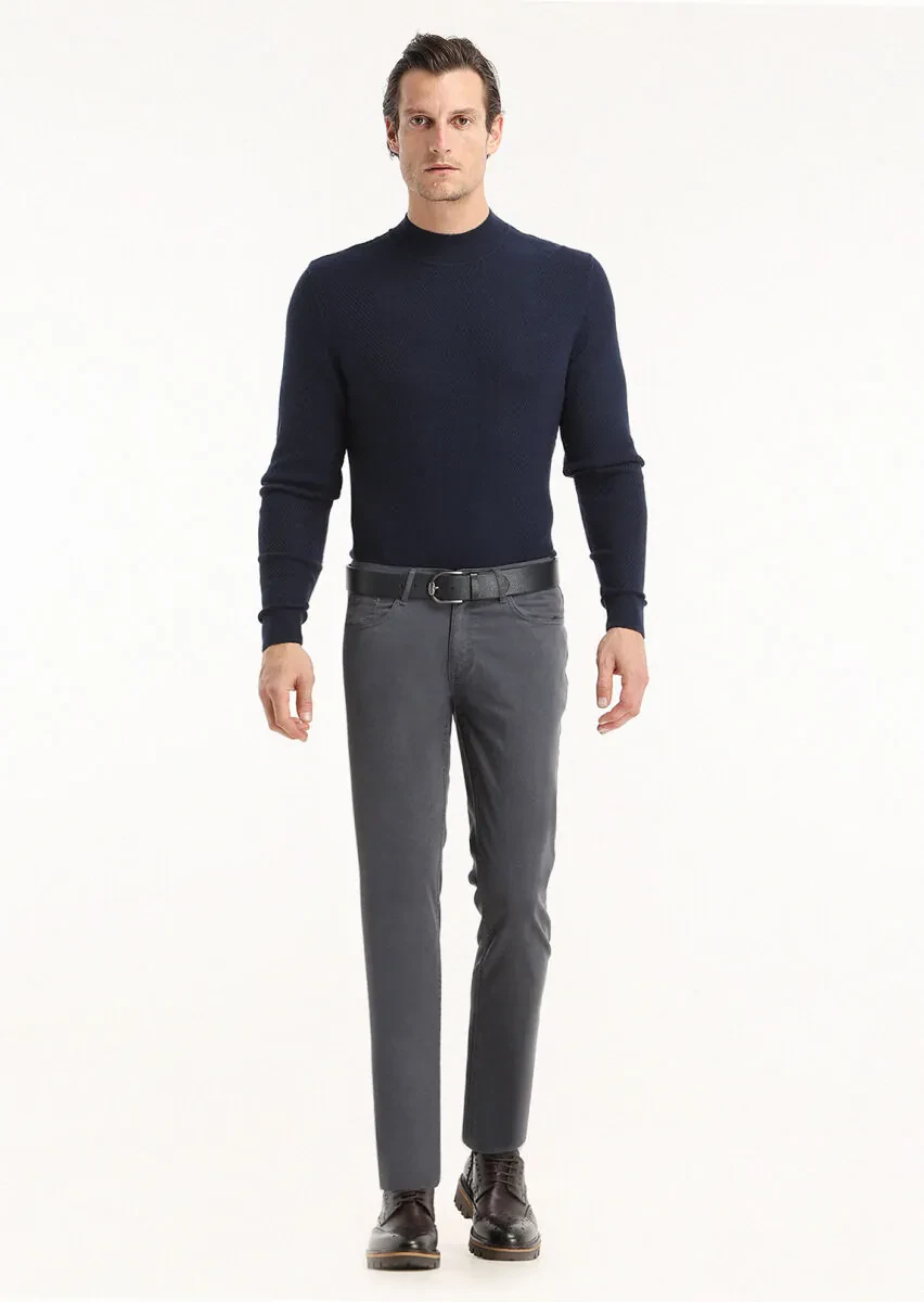 Light Navy Blue Weaving Slim Fit Casual Cotton Blended Trousers - 1