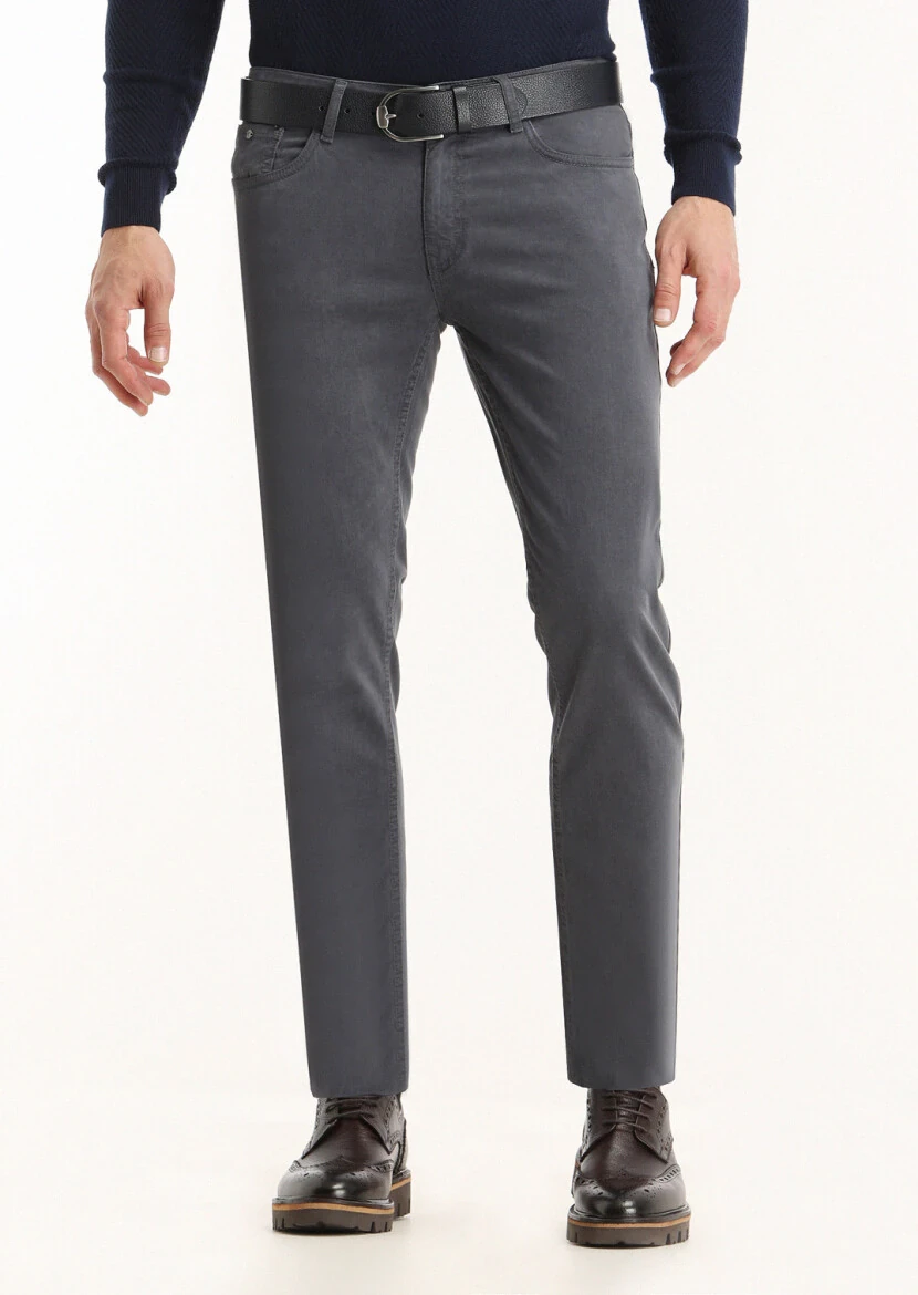 Light Navy Blue Weaving Slim Fit Casual Cotton Blended Trousers 