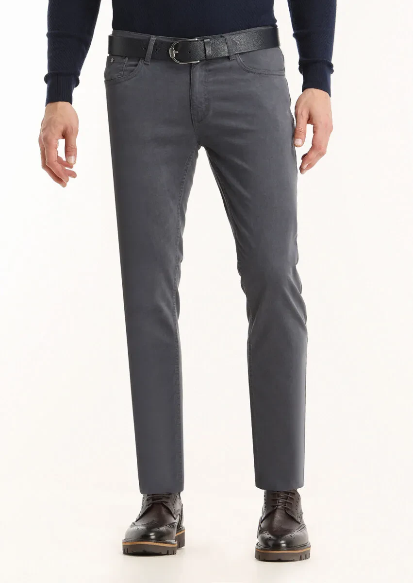 Light Navy Blue Weaving Slim Fit Casual Cotton Blended Trousers - 2