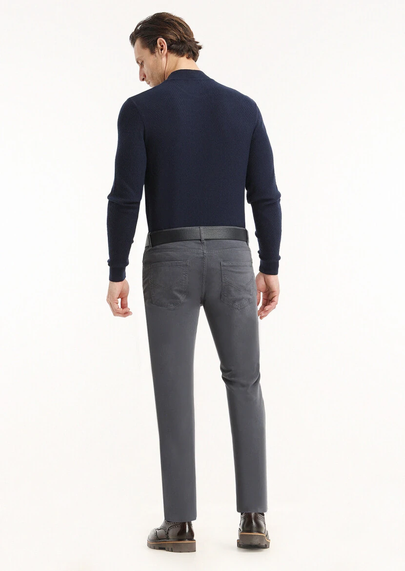 Light Navy Blue Weaving Slim Fit Casual Cotton Blended Trousers - 4