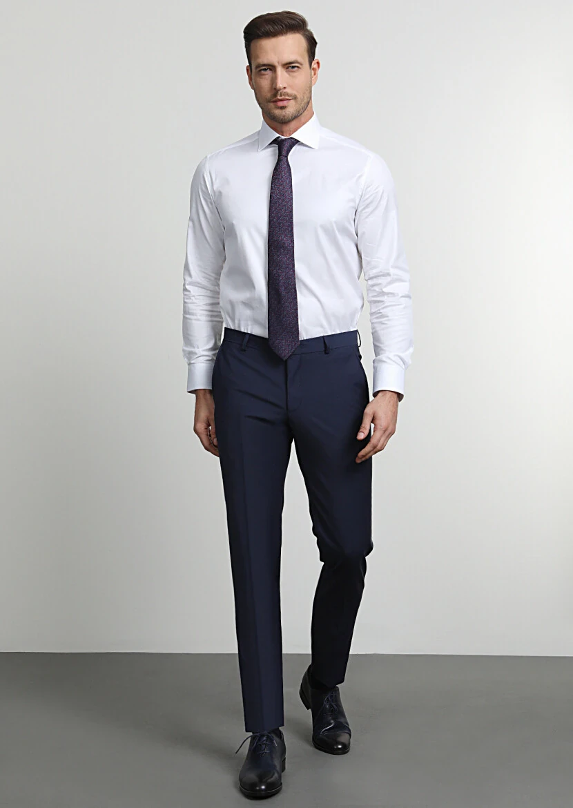 Light Navy Blue Weaving Slim Fit Classical Wool Blended Trousers - 1