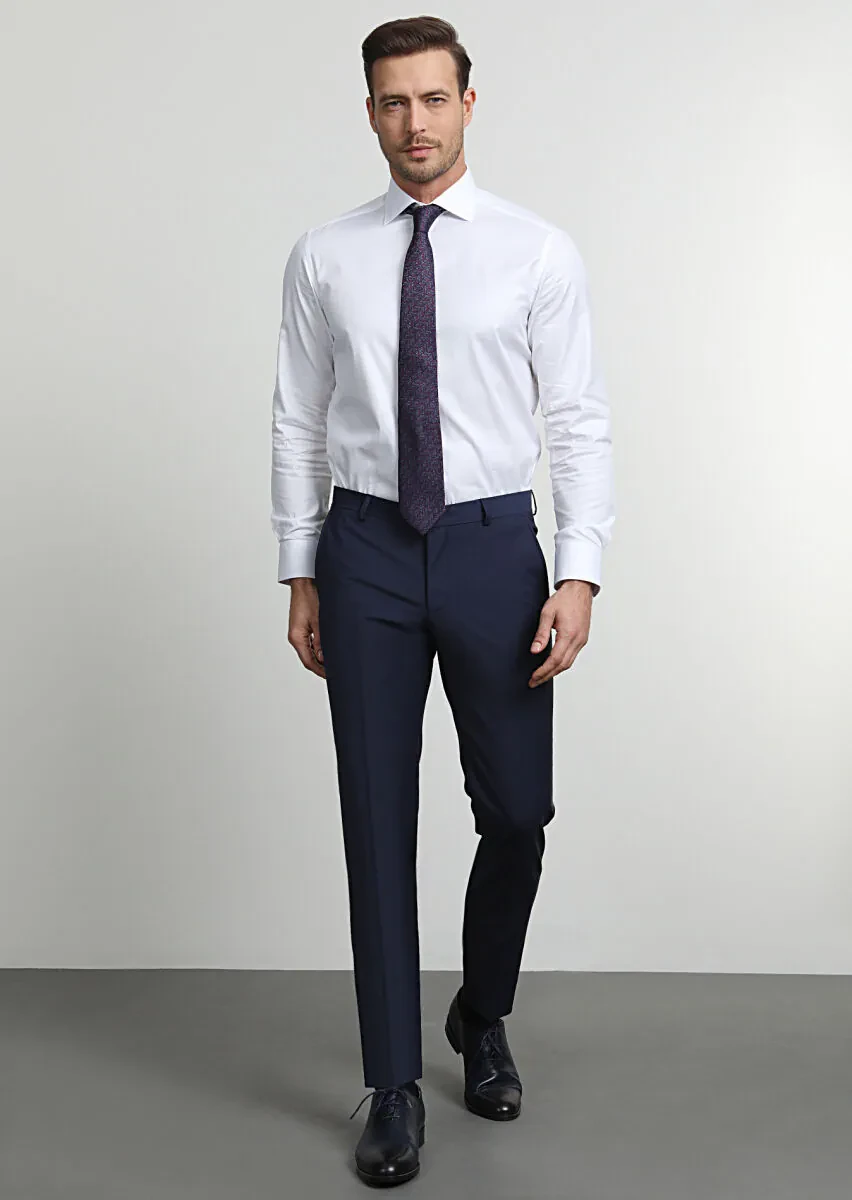 Light Navy Blue Weaving Slim Fit Classical Wool Blended Trousers - 1
