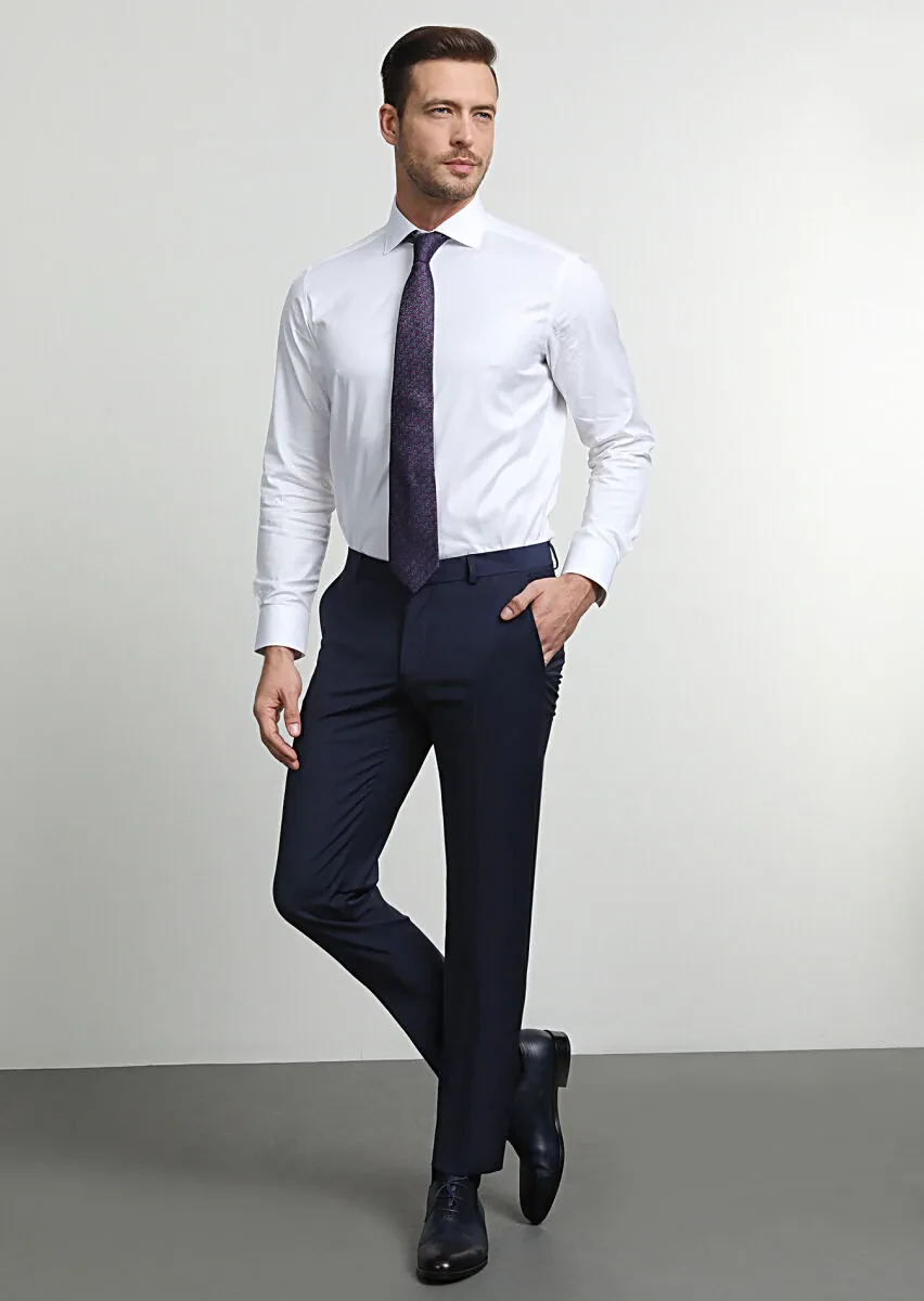 Light Navy Blue Weaving Slim Fit Classical Wool Blended Trousers - 3