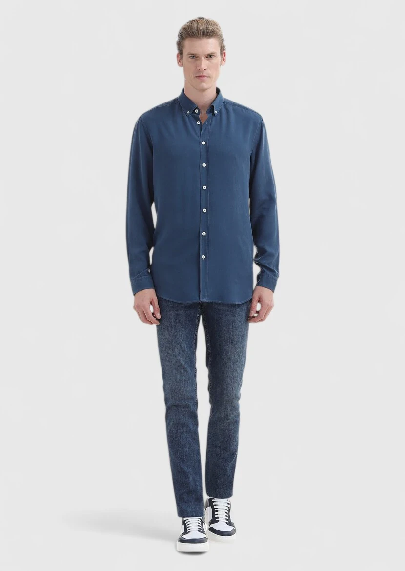 Light Petrol Blue Plain Regular Fit Weaving Casual Shirt - 1