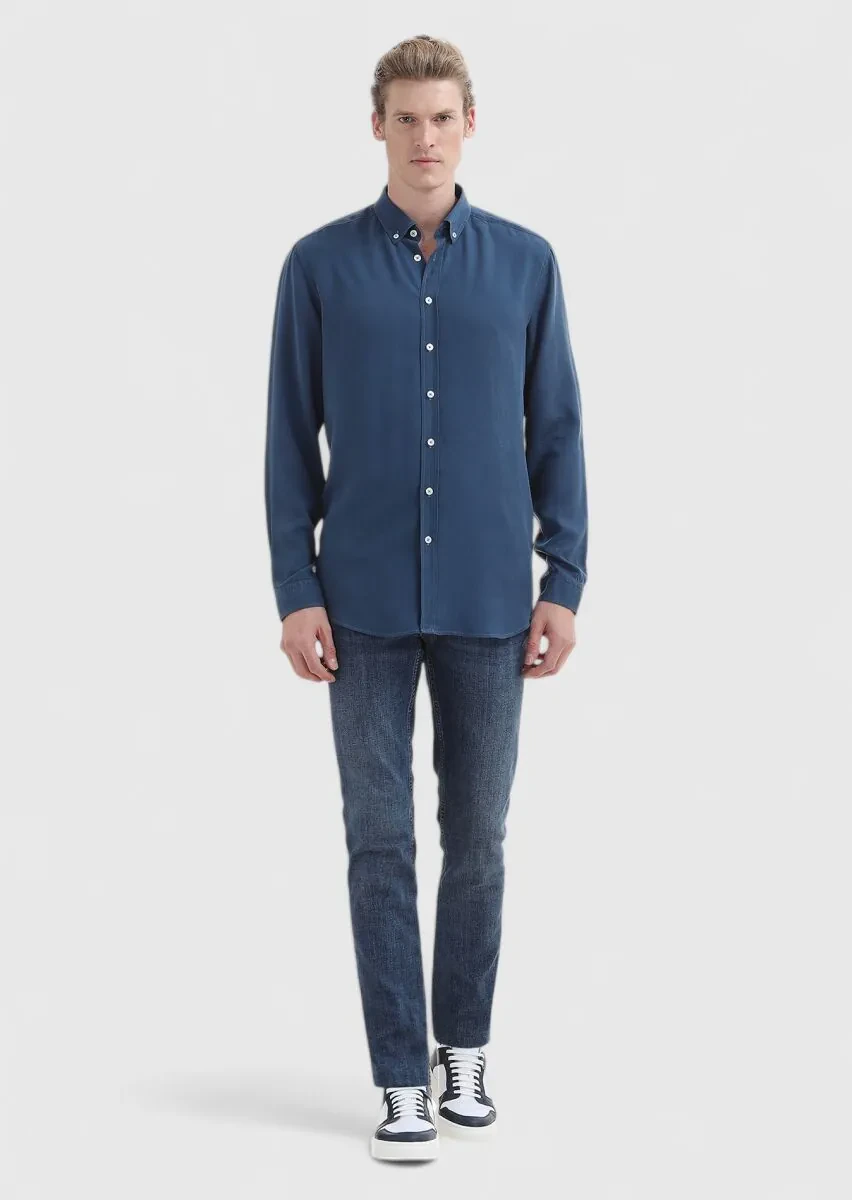 Light Petrol Blue Plain Regular Fit Weaving Casual Shirt - 1