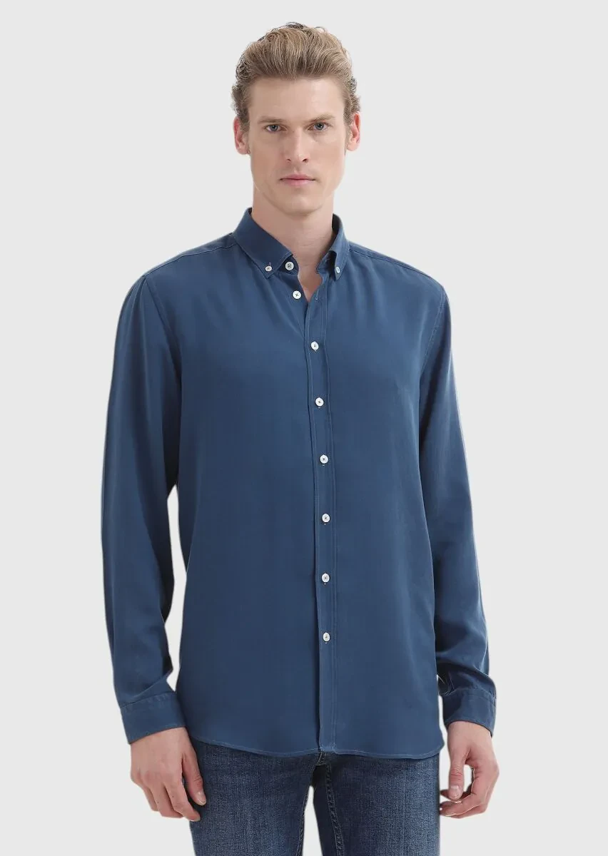 Light Petrol Blue Plain Regular Fit Weaving Casual Shirt - 2