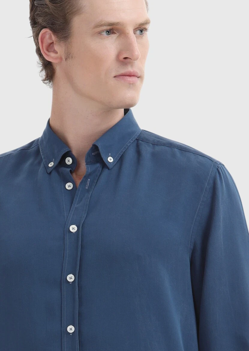 Light Petrol Blue Plain Regular Fit Weaving Casual Shirt - 3