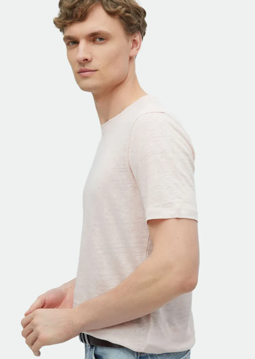 Light Pink Plain Crew Neck 100% Linen T-Shirt - 3