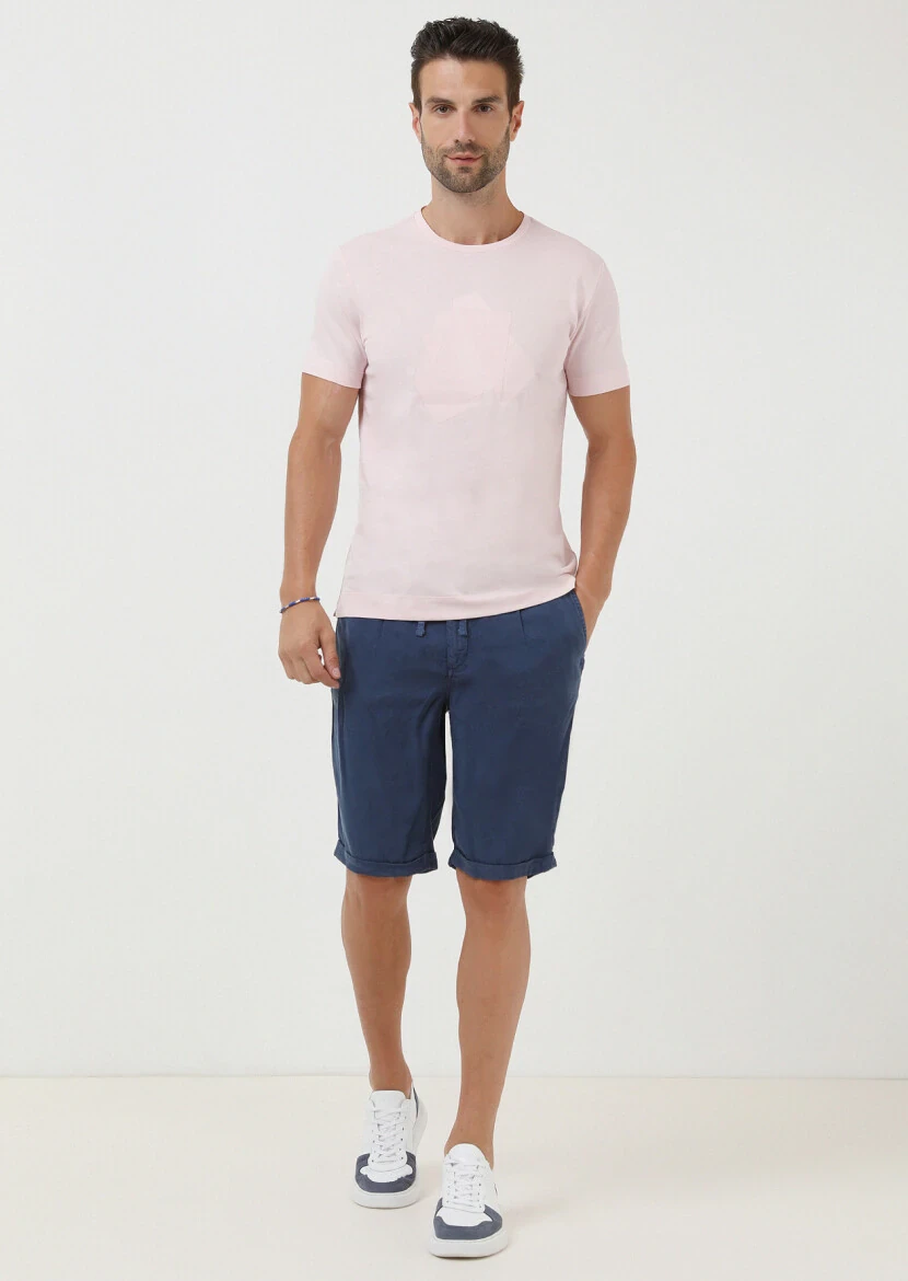 Light Pink Printed Crew Neck Cotton Blended T-Shirt 