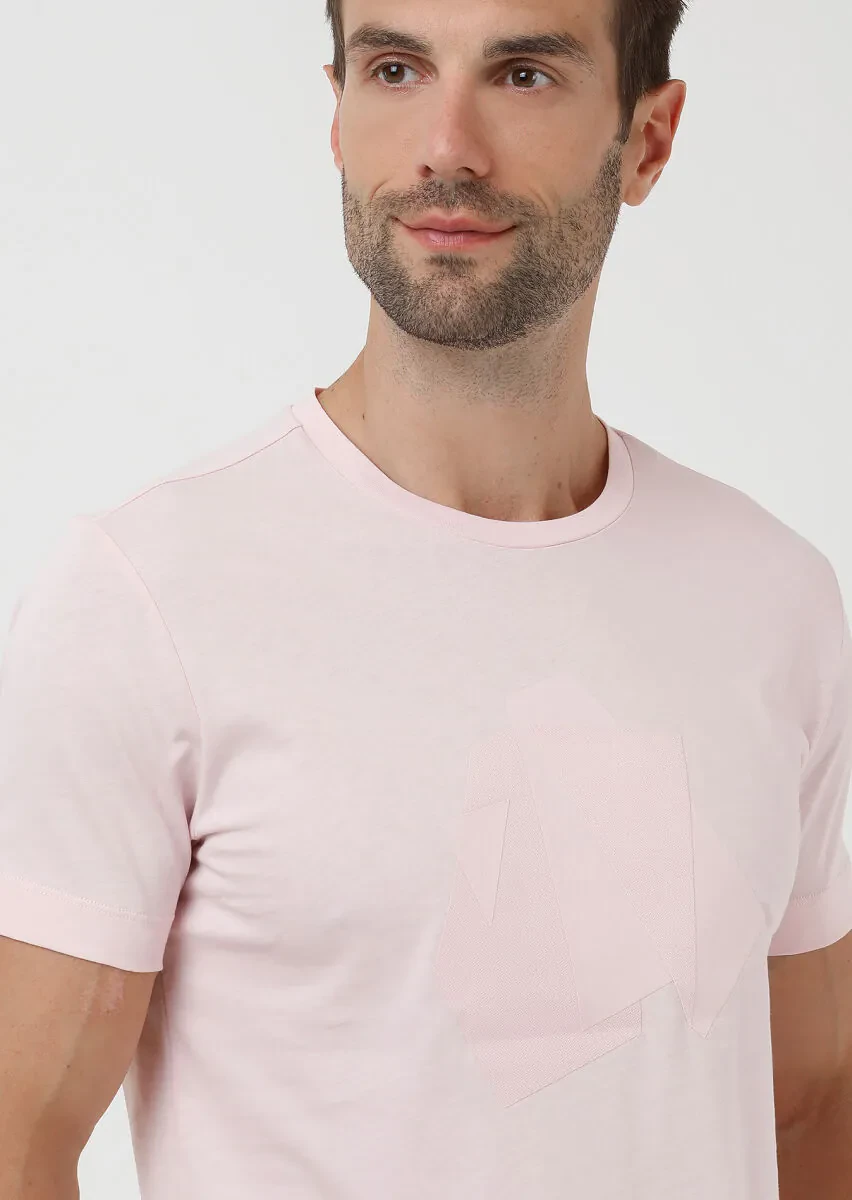 Light Pink Printed Crew Neck Cotton Blended T-Shirt - 3