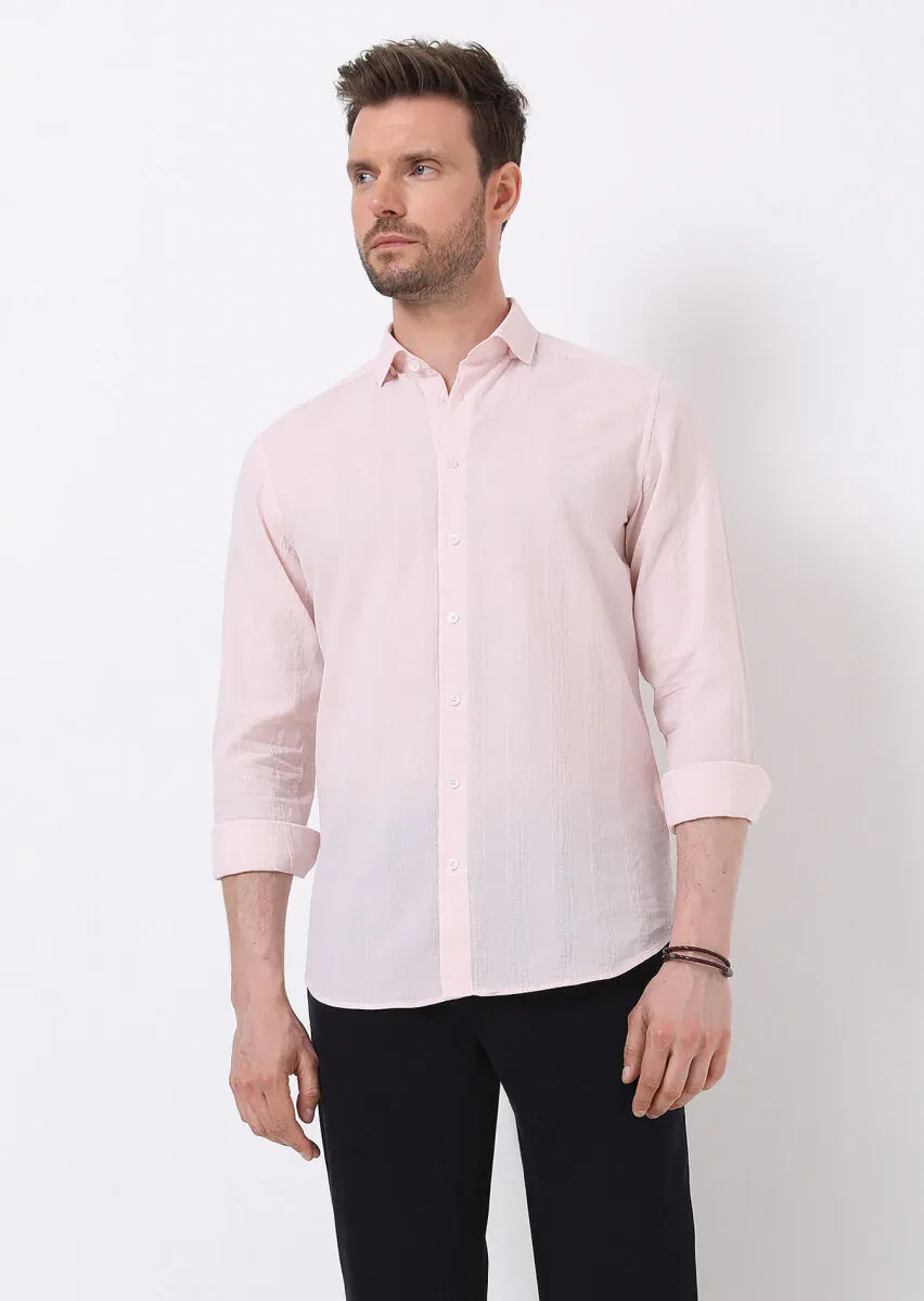 Light Pink Striped Slim Fit Weaving Casual 100% Cotton Shirt - 1