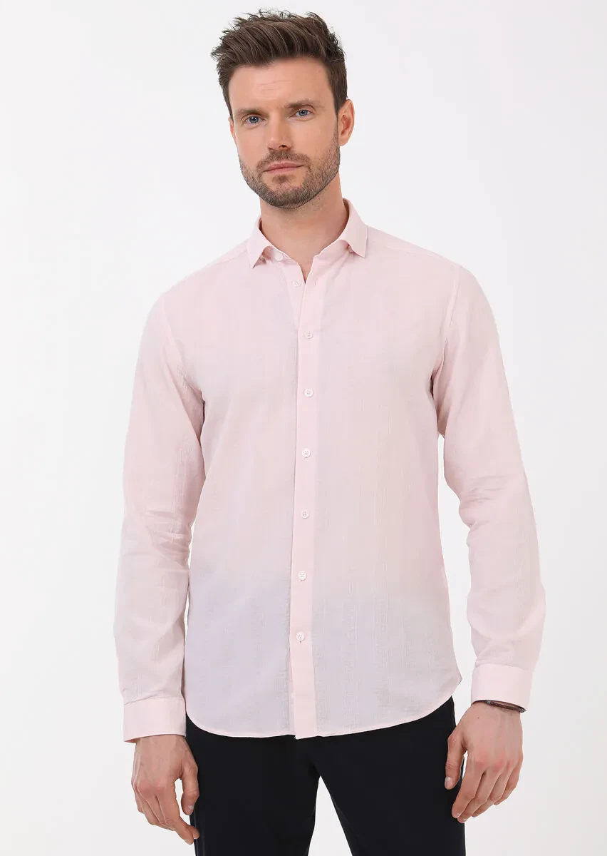Light Pink Striped Slim Fit Weaving Casual 100% Cotton Shirt - 2