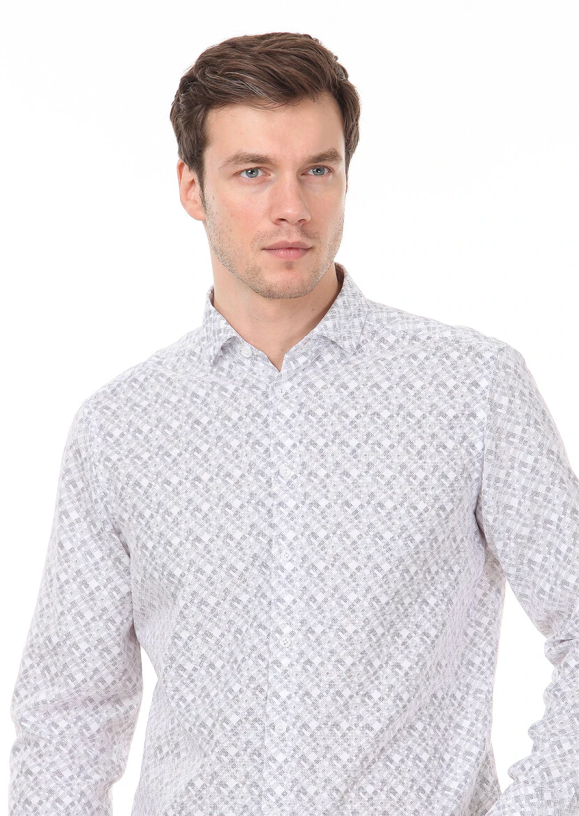 Lila Baskılı Slim Fit Dokuma Casual %100 Pamuk Gömlek 