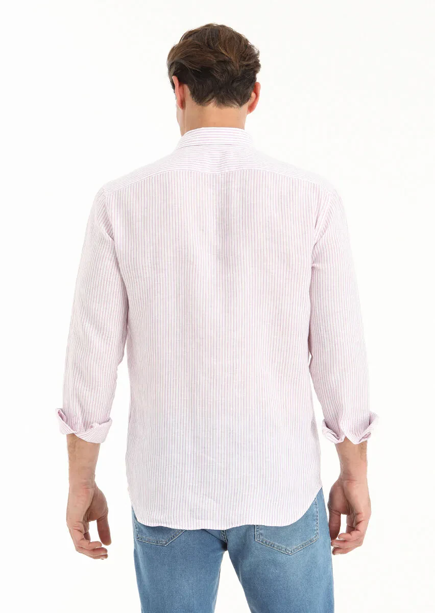 Lila Çizgili Regular Fit Dokuma Casual %100 Keten Gömlek - 4