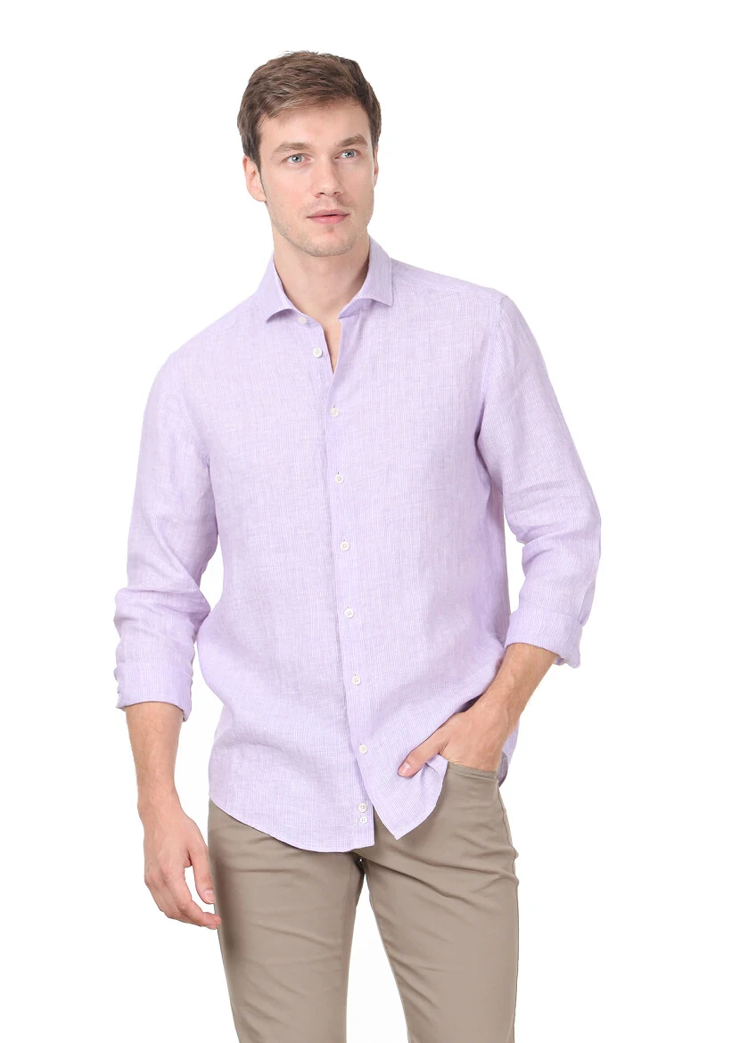 Lila Çizgili Regular Fit Dokuma Casual %100 Pamuk Gömlek - 1