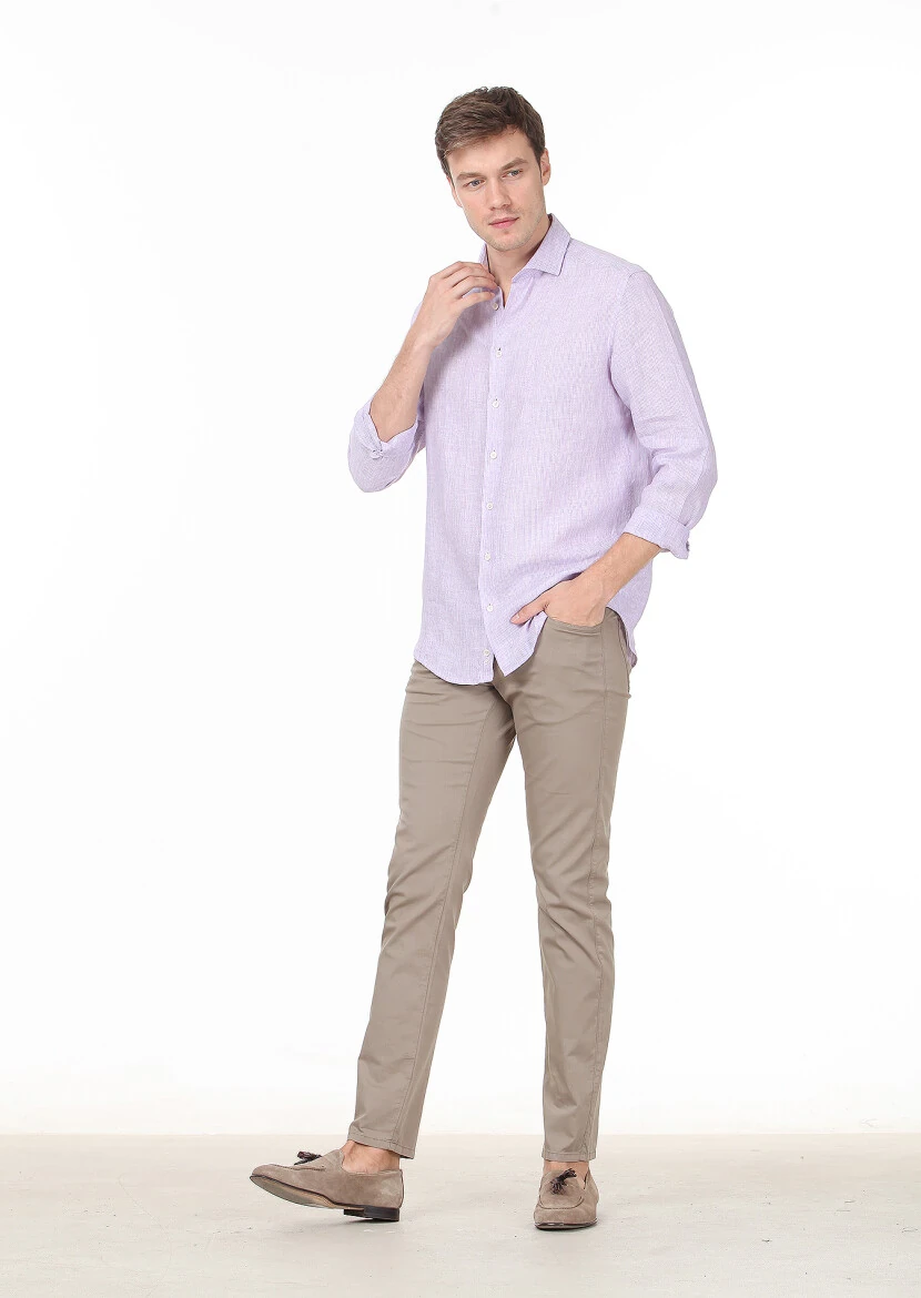 Lila Çizgili Regular Fit Dokuma Casual %100 Pamuk Gömlek - 2