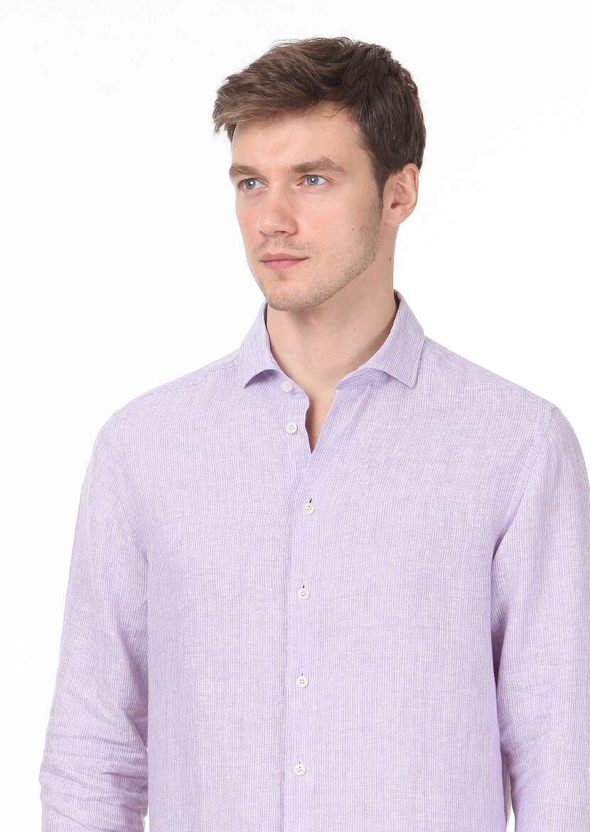 Lila Çizgili Regular Fit Dokuma Casual %100 Pamuk Gömlek - 3