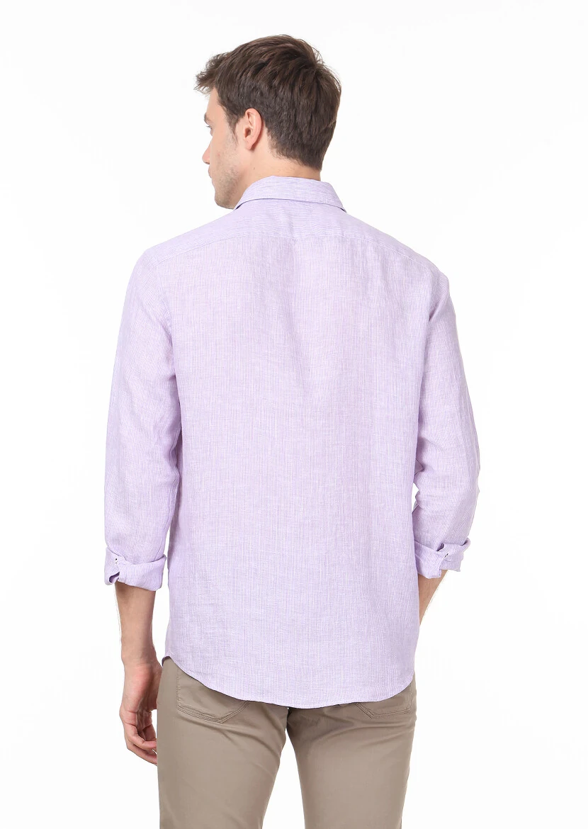 Lila Çizgili Regular Fit Dokuma Casual %100 Pamuk Gömlek - 4