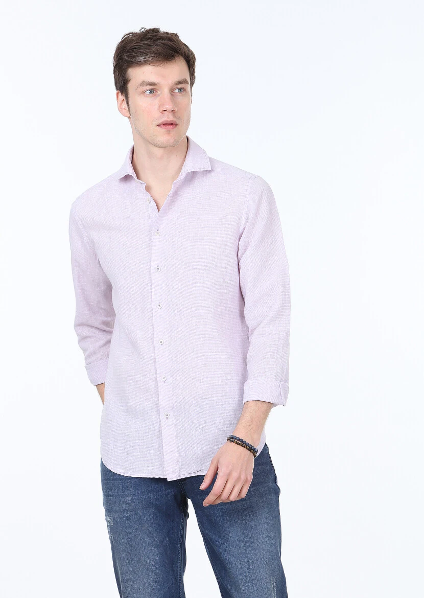 Lila Çizgili Regular Fit Dokuma Casual Pamuk Karışımlı Gömlek - 1