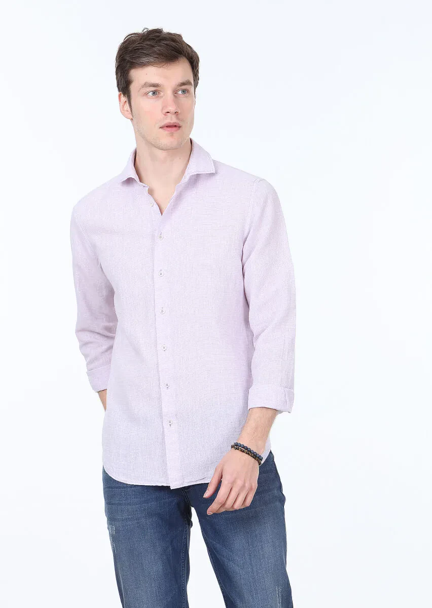 Lila Çizgili Regular Fit Dokuma Casual Pamuk Karışımlı Gömlek - 1