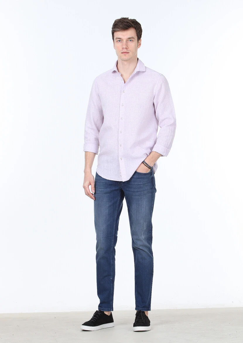 Lila Çizgili Regular Fit Dokuma Casual Pamuk Karışımlı Gömlek 