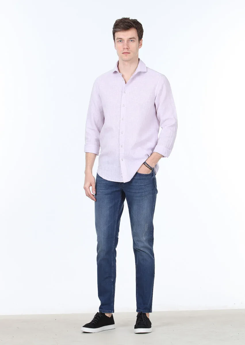 Lila Çizgili Regular Fit Dokuma Casual Pamuk Karışımlı Gömlek - 2