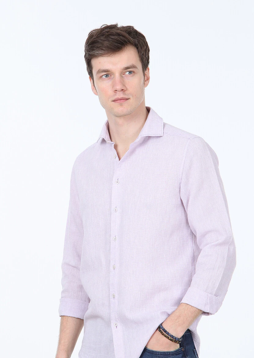 Lila Çizgili Regular Fit Dokuma Casual Pamuk Karışımlı Gömlek - 3