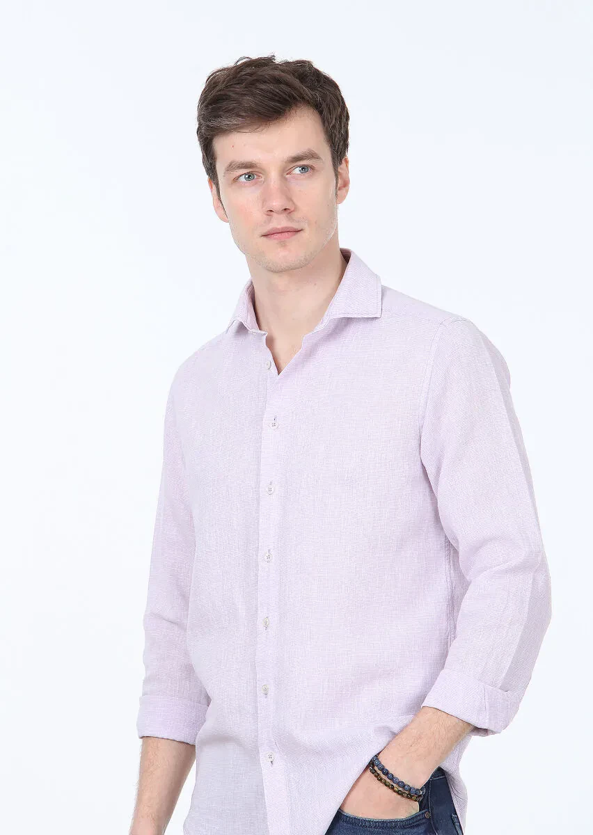 Lila Çizgili Regular Fit Dokuma Casual Pamuk Karışımlı Gömlek - 3