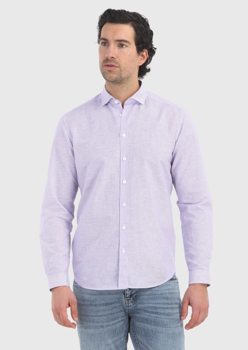 Lila Çizgili Regular Fit Dokuma Casual Pamuk Karışımlı Gömlek - 2