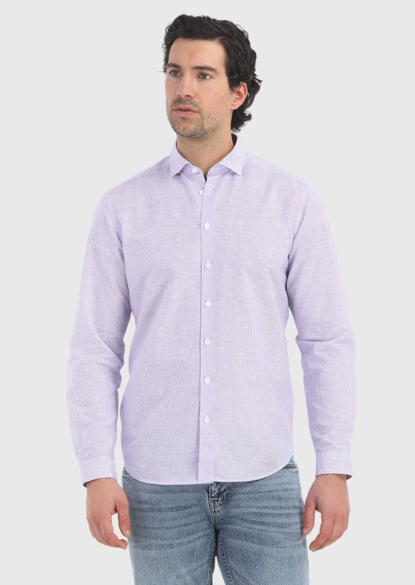 Lila Çizgili Regular Fit Dokuma Casual Pamuk Karışımlı Gömlek - 2