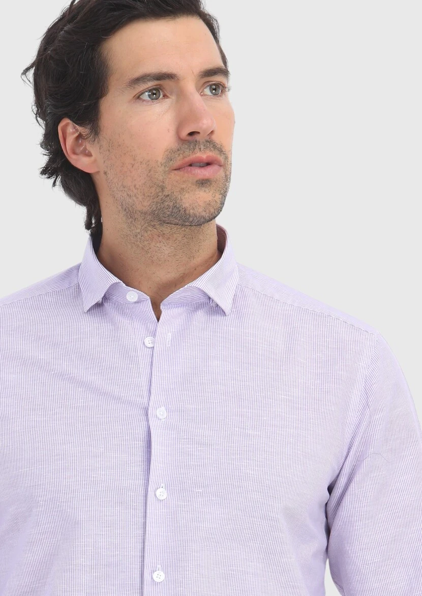 Lila Çizgili Regular Fit Dokuma Casual Pamuk Karışımlı Gömlek - 3