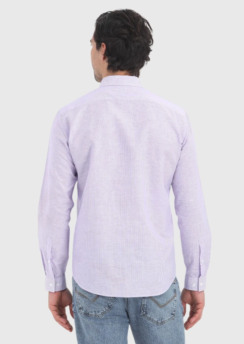 Lila Çizgili Regular Fit Dokuma Casual Pamuk Karışımlı Gömlek - 4