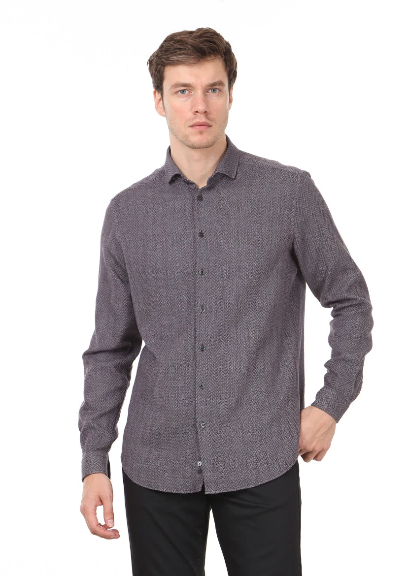 Lila Desenli Regular Fit Dokuma Casual %100 Pamuk Gömlek - 1