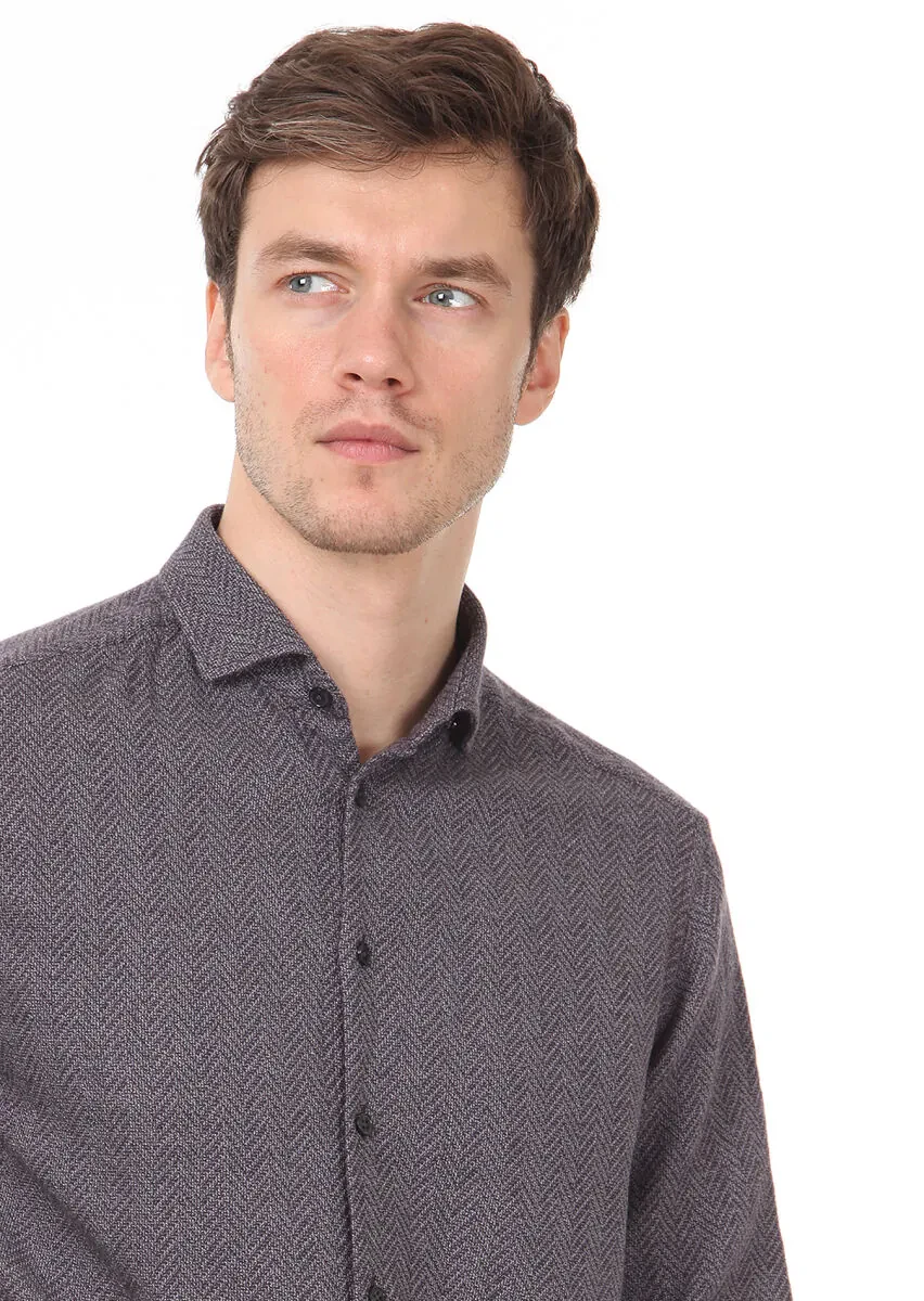 Lila Desenli Regular Fit Dokuma Casual %100 Pamuk Gömlek - 2