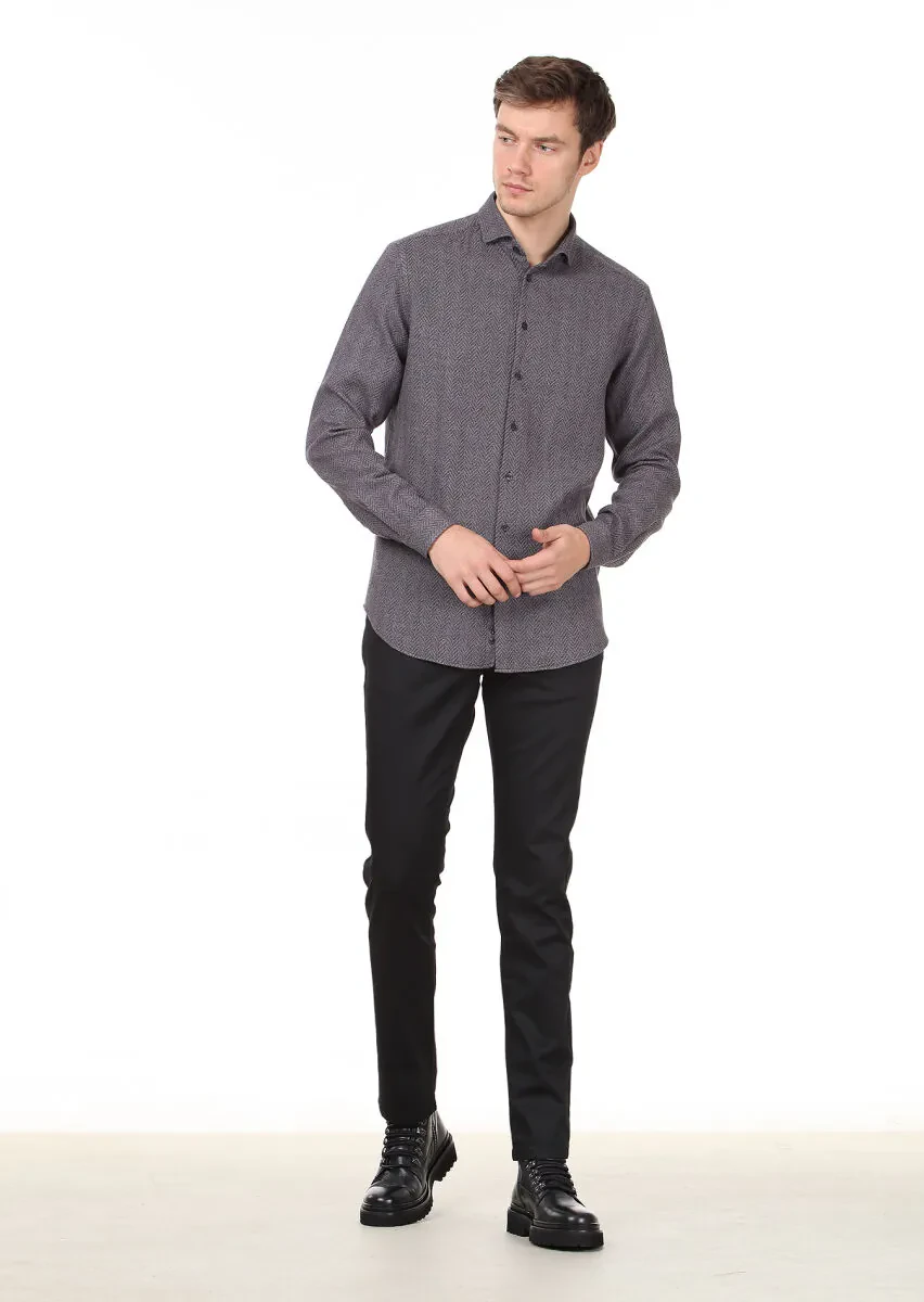 Lila Desenli Regular Fit Dokuma Casual %100 Pamuk Gömlek - 3